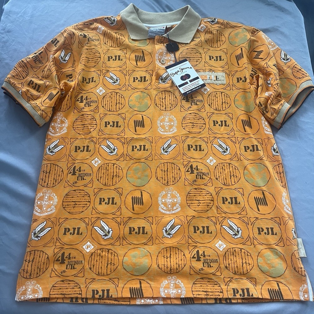 Y2K Pepe Jeans Polo Shirt Mens L London 44th Division U.K. AOP Hiphop Skate NWT